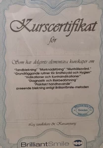 BrilliantSmile kurscertifikat tilldelas Johanna von Borstel för BrilliantSmile metoden.