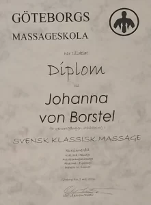 Göteborgs Massageskola diplom tilldelas Johanna von Borstel för utbildning i svensk klassisk massage