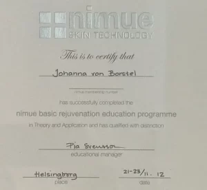 Nimue Skin Technology Certifikat tilldelas Johanna von Borstel -nimue basic rejuvenation education programme
